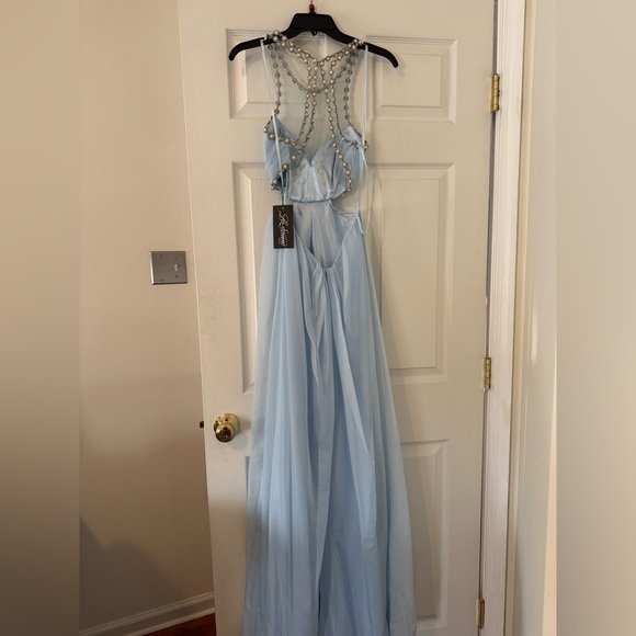 NEW WITH TAGS La Femme High-Neck Cut-out Prom Dress - Picture 3 of 4